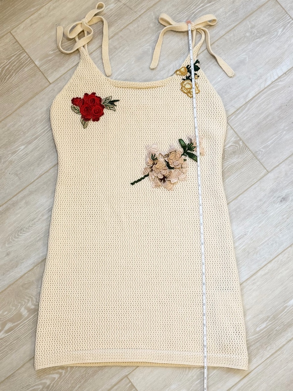 Cream Crochet Tie-Shoulder Dress with Floral Appliqués